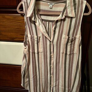 Long Sleeveless top, Striped purple, tan, black & coral, Button Down, by Sonoma